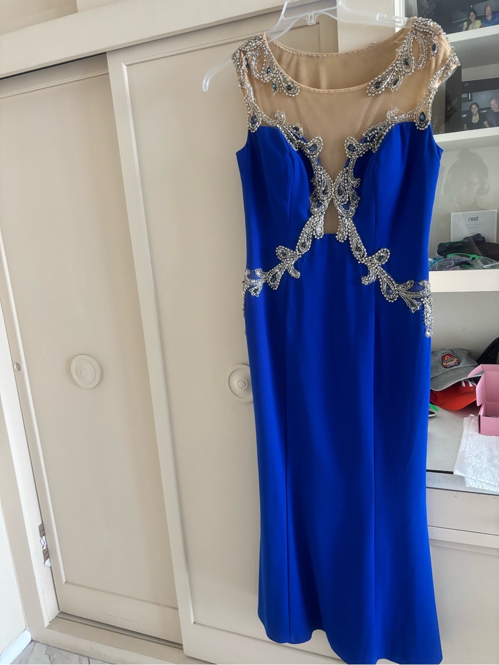 Royal Blue Beaded Illusion Neckline Prom Dress